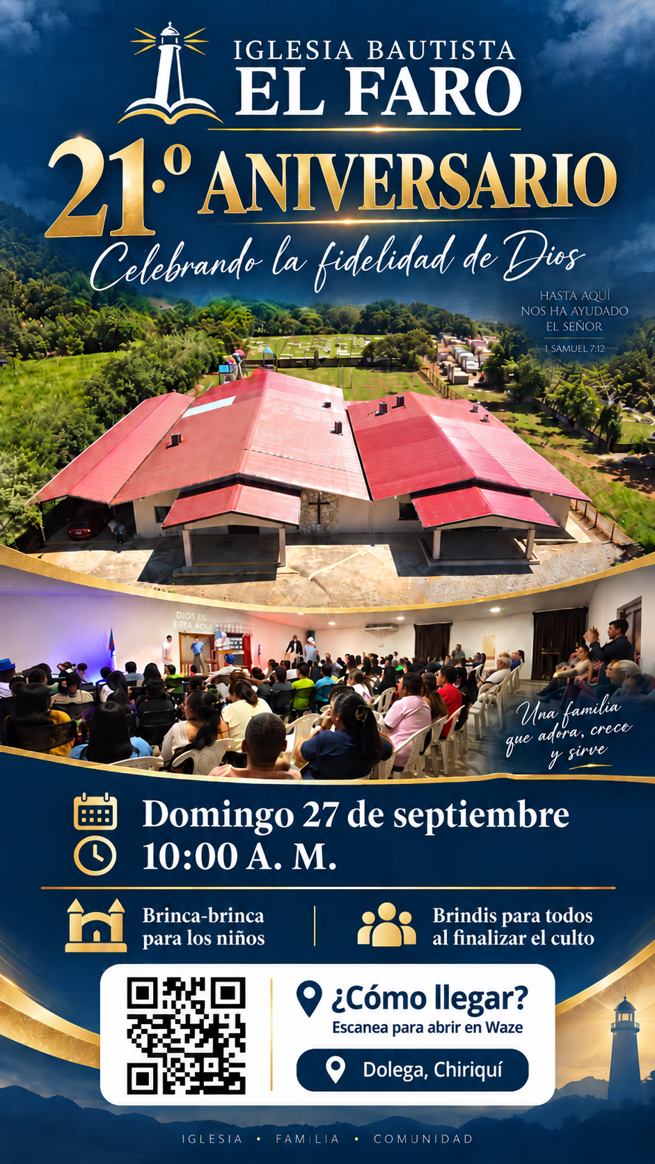 Anuncio del 21 aniversario de la Iglesia Bautista El Faro, domingo 27 de septiembre a las 10:00 a. m.
